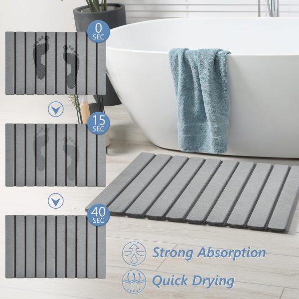 AWW Foldable Stone Bath Mat, Super Absorbent Diatomaceous Earth Mat, Non-Slip 23.6 x 15.5 Inch Quick Drying Mat, Compact and Easy to Store Bath Mats for Bathroom, Easy to Clean, Grey