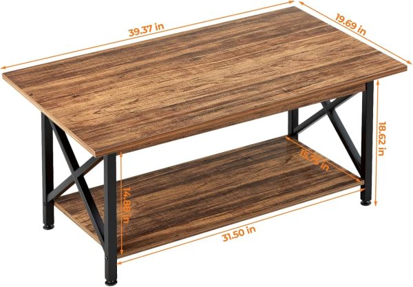 GreenForest Coffee Table with Storage, 39 inch Modern 2-Tier Coffee Tables for Living Room, X-Frame Design Farmhouse Coffee Table Space Saving Living Room Tables, Easy Assembly, Walnut