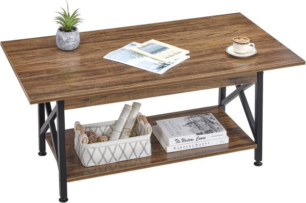 GreenForest Coffee Table with Storage, 39 inch Modern 2-Tier Coffee Tables for Living Room, X-Frame Design Farmhouse Coffee Table Space Saving Living Room Tables, Easy Assembly, Walnut